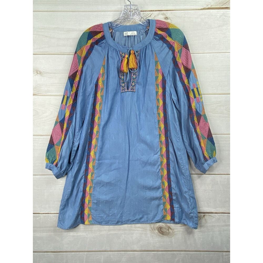 Zara TRF Collection Denim Shirt Dress XS Embroidered Tribal Southwestern Tassles